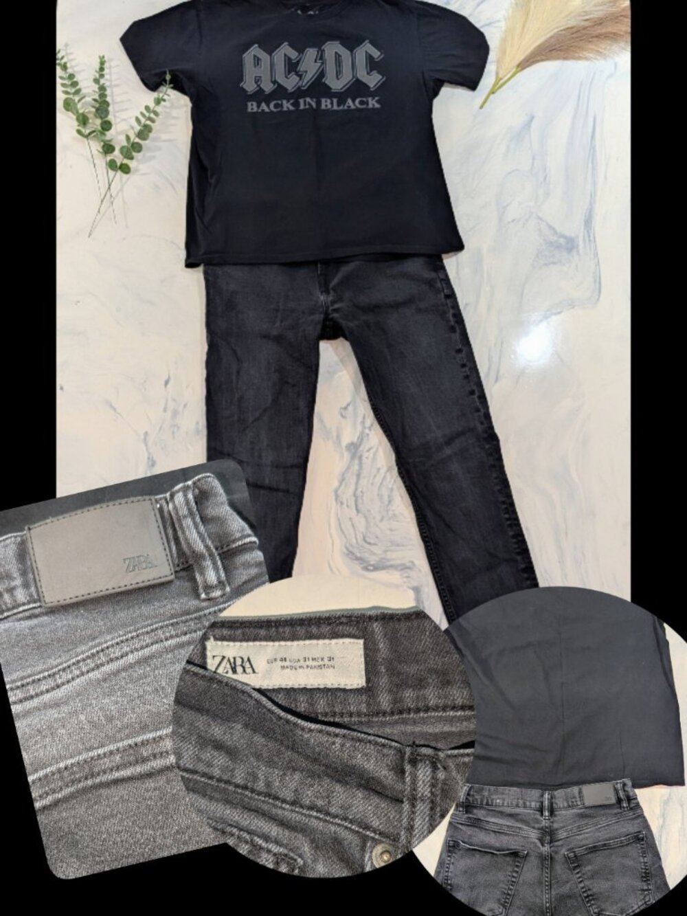 Ensemble T-shirt Graphique AC/DC Medium + Jeans Zara Denim Noir 31